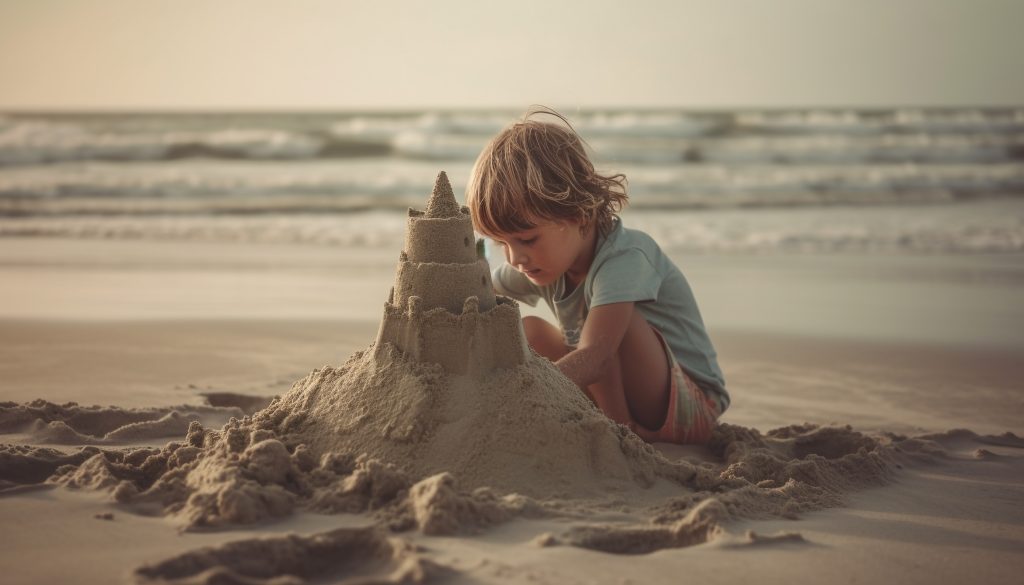 Cute blond toddler digging sandcastle at waters edge generated by AI