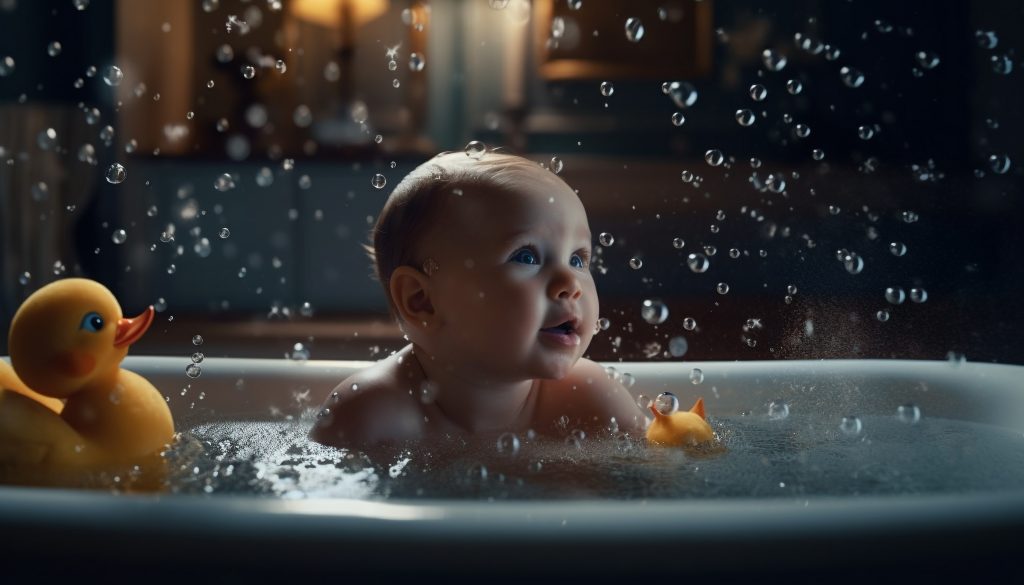 Cute Caucasian toddler enjoying bubble bath in domestic bathroom generated by AI