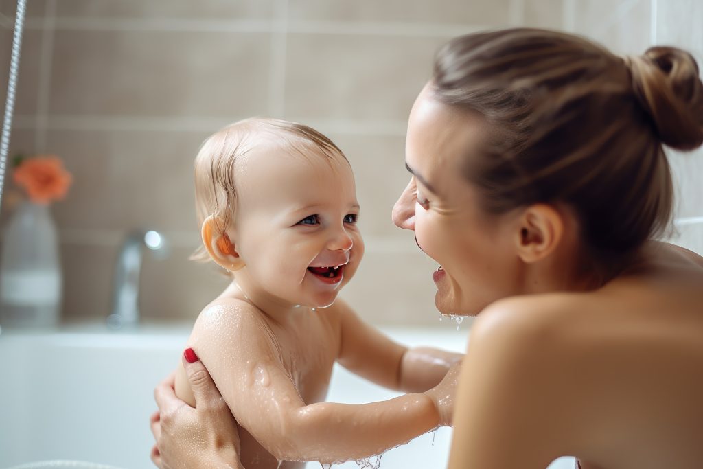 Tender moments in the bath: Mother's love and care. Generative AI