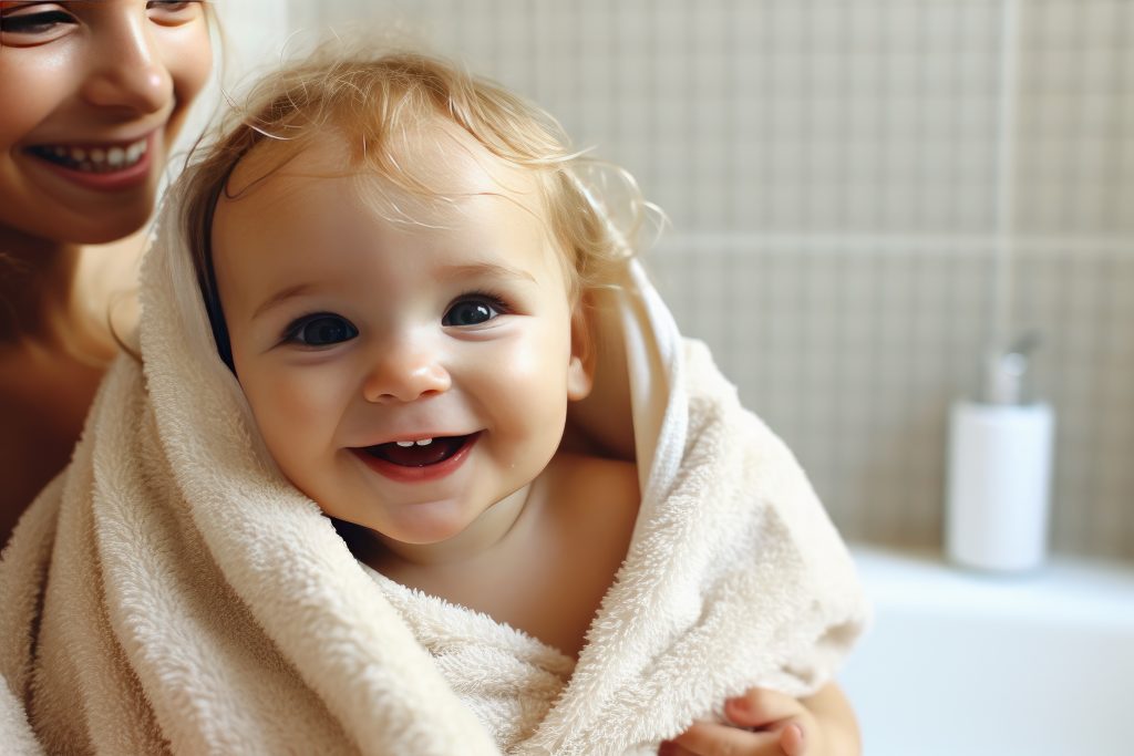 Tender moments in the bath: Mother's love and care. Generative AI