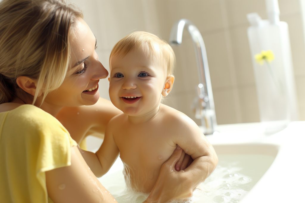 Tender moments in the bath: Mother's love and care. Generative AI